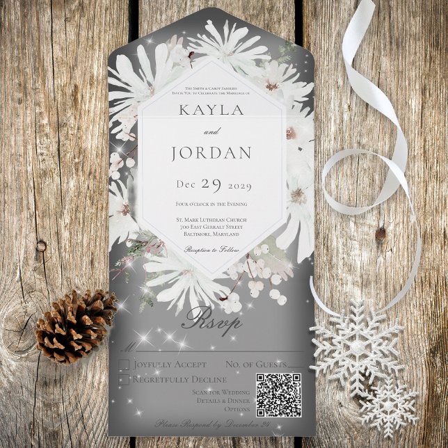 Invitation Tout En Un Hiver Blanc floral étincelant gris QR Code (Créateur téléchargé)