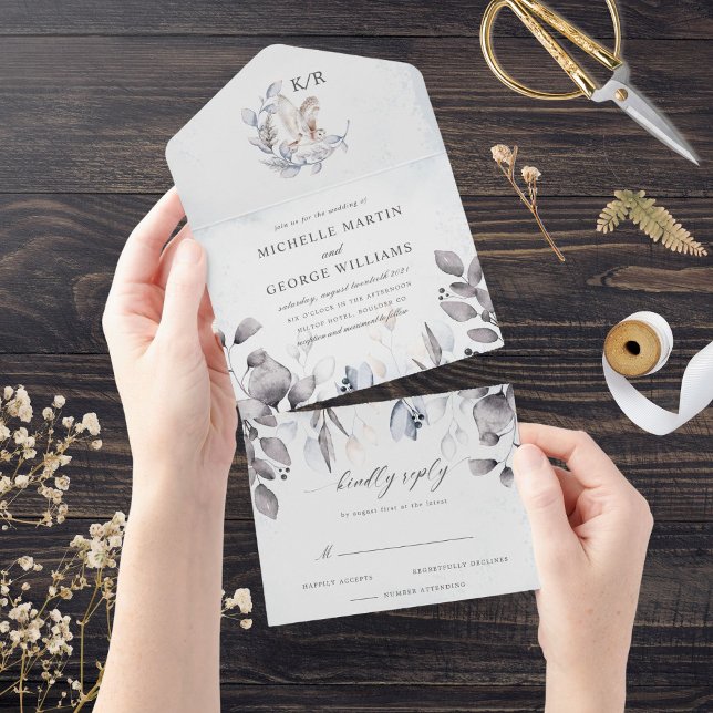 Invitation Tout En Un Hiver Bleu Elégant Aquarelle Mariage Floral (Créateur téléchargé)