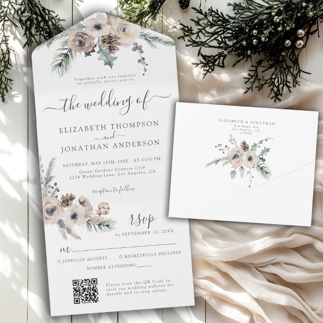 Invitation Tout En Un Hiver Pin Rustique Floral QR RSVP Mariage de bois (Créateur téléchargé)
