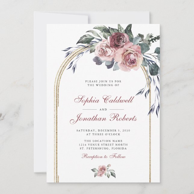 Invitation Tout en un hiver Rose Eucalyptus Mariage or (Devant)