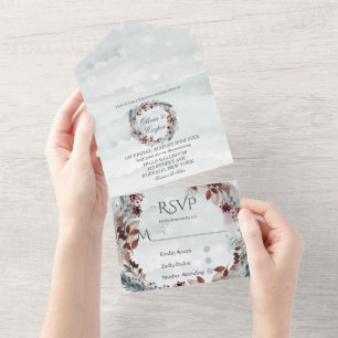 Invitation Tout En Un Hiver Sage Brown Rustique Foliting Mariage