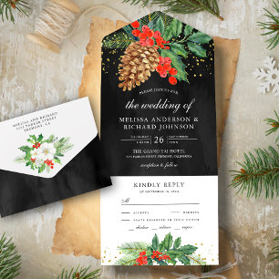 Invitation Tout En Un Holly Berries Pine Cone Noir Mariage de Noël