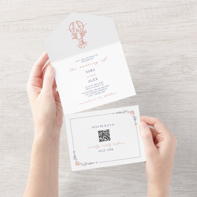 Invitation Tout En Un Homard Rustic Beach Wedding Rouge & bleu QR RSVP (Déchirure)