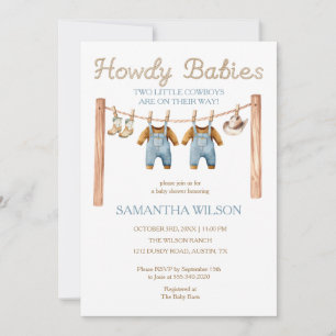 Invitation Tout En Un Howdy Bébé Petits Jumeaux Cowboy