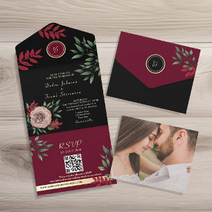 Invitation Tout En Un Humeur Florale Bordeaux Noir Mariage