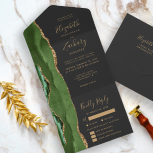 Invitation Tout En Un Hunter Green Gold Agate Options de repas Mariage f