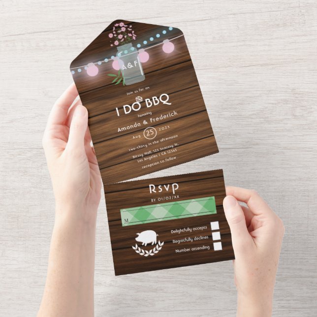 Invitation Tout En Un I DO BBBQ rose et bleu Cosmos Mariage rustique (Déchirure)