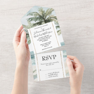 Invitation Tout En Un Île tropicale Palmiers Ocean Beach Mariage