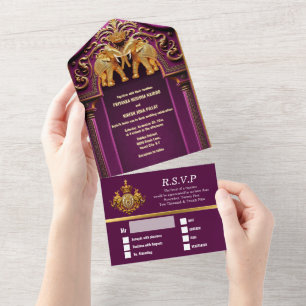 Invitation Tout En Un Indien mariage prune éléphants d'or luxueux asiati