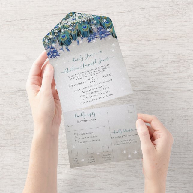 Invitation Tout En Un Indigo Bung Peacock Fairy Lights Mariage (Déchirure)