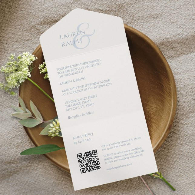 Invitation Tout En Un Initiales de monogramme blanc et bleu chic (Créateur téléchargé)