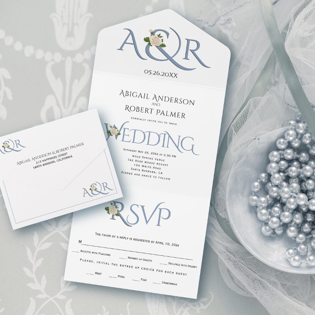 Invitation Tout En Un Initiales et ampersand bleu outrepasse, mariage ro (Créateur téléchargé)