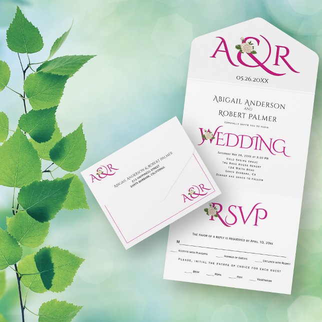 Invitation Tout En Un Initiales et ampersand rose magenta, mariage rose (Créateur téléchargé)