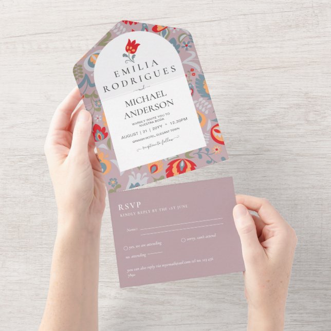 Invitation Tout En Un Invitación de Boda Español Inglés Rsvp FOLKART (Déchirure)