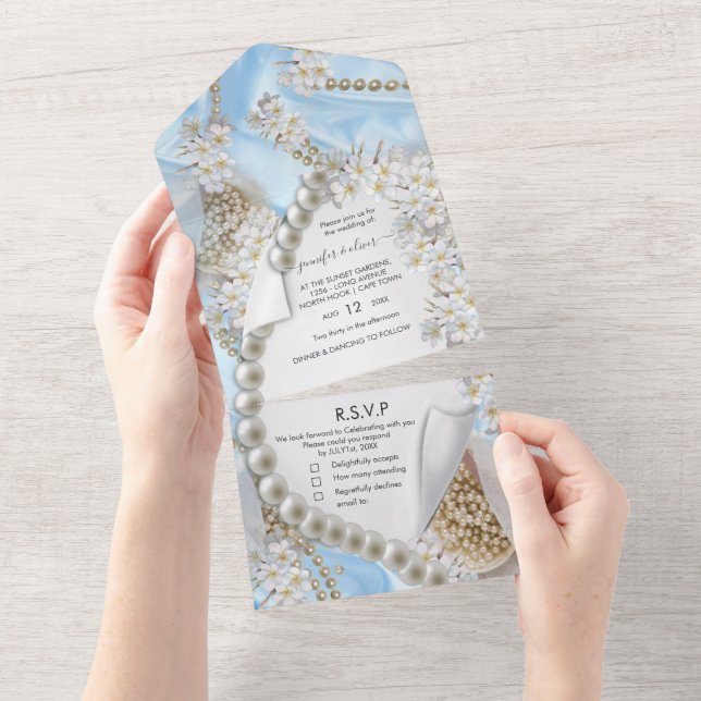 Invitation Tout En Un Invitation de mariage en soie bleue et perles (Déchirure)