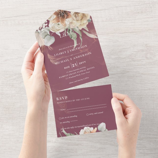 Invitation Tout En Un Invite de mariage avec RSVP | Herbe de Pampas BOHO (Déchirure)