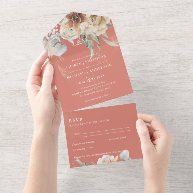 Invitation Tout En Un Invite de mariage avec RSVP | Herbe de Pampas BOHO (Déchirure)
