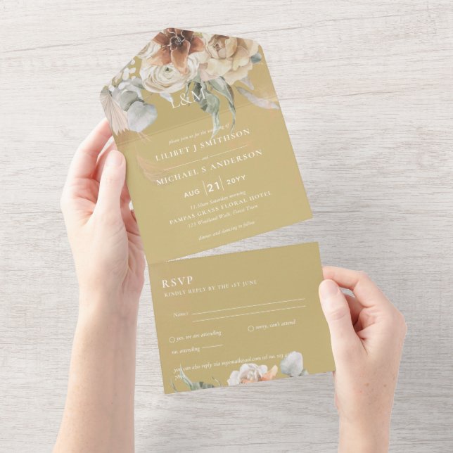 Invitation Tout En Un Invite de mariage avec RSVP | Herbe de Pampas BOHO (Déchirure)