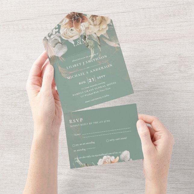 Invitation Tout En Un Invite de mariage avec RSVP | Herbe de Pampas BOHO (Déchirure)
