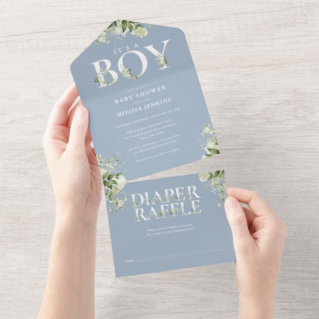 Invitation Tout En Un Its A Boy Floral Greenery Dusty Blue Baby Shower (Déchirure)
