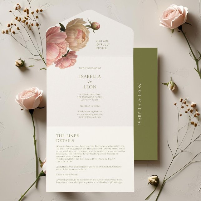 Invitation Tout En Un Ivoire et olive | Mariage Rose (Créateur téléchargé)