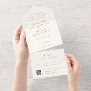 Invitation Tout En Un Ivoire et or QR Code moderne Mariage élégant