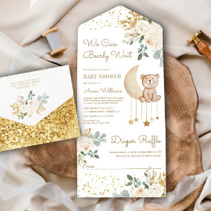 Invitation Tout En Un Ivory Floral Moon mignon Baby shower Ours Teddy