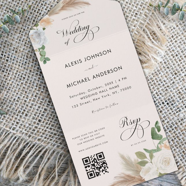 Invitation Tout En Un Ivory Pampas Grass Roses & Elegant Script Mariage (Créateur téléchargé)