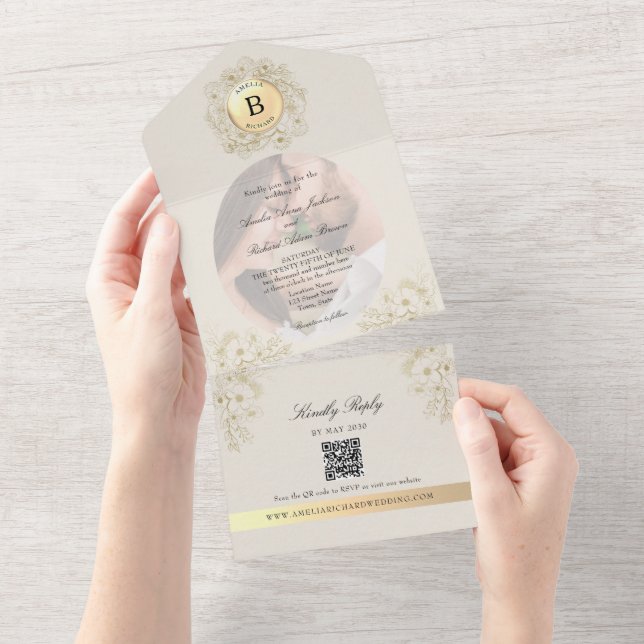 Invitation Tout En Un Ivory Photo Monogramme Mariage (Déchirure)