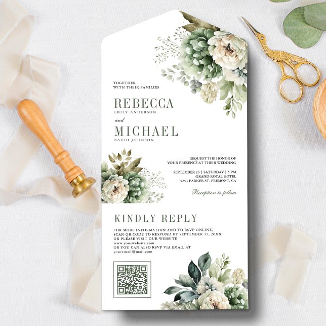 Invitation Tout En Un Ivory Rose Sage Vert Floral Code QR Mariage (Créateur téléchargé)