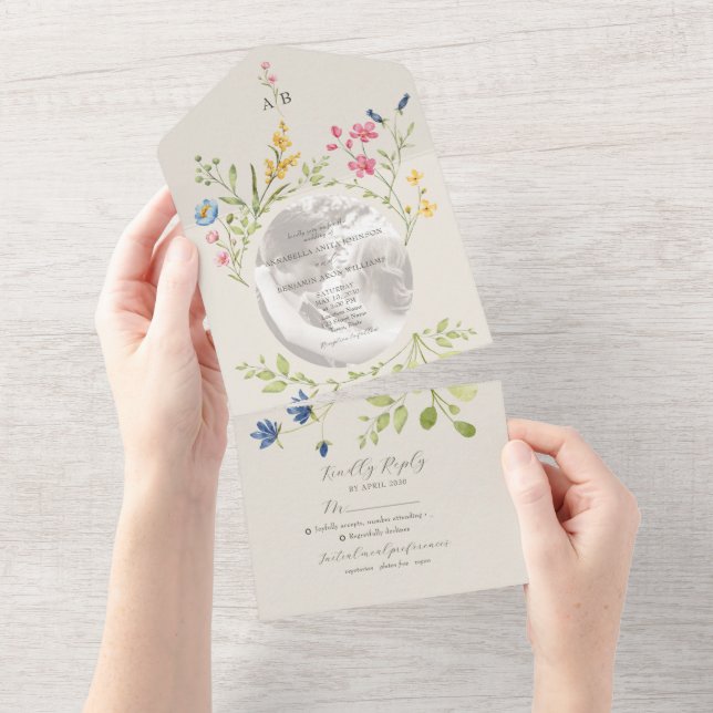 Invitation Tout En Un Ivory Wildflower Photo Wedding (Déchirure)