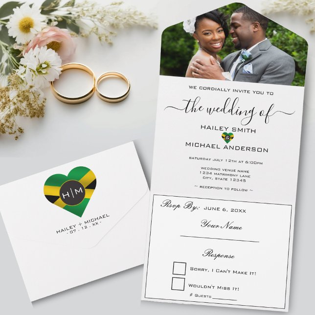 Invitation Tout En Un Jamaïque Jamaïcaine Drapeau Coeur photo moderne Ma (Jamaica Jamaican Flag Heart Modern Photo Wedding All In One Invitation)