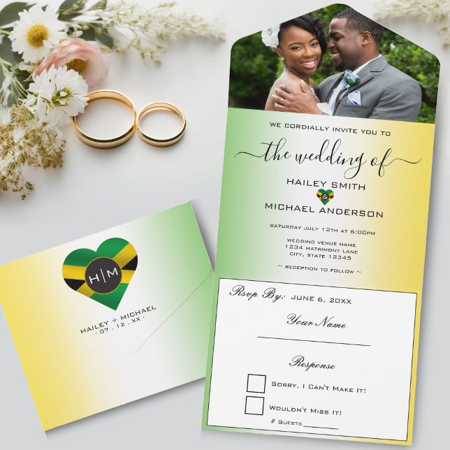Invitation Tout En Un Jamaïque Ombre Jamaïcain Drapeau Mariage de photos (Jamaica Ombre Jamaican Flag Heart Photo Wedding All In One Invitation)