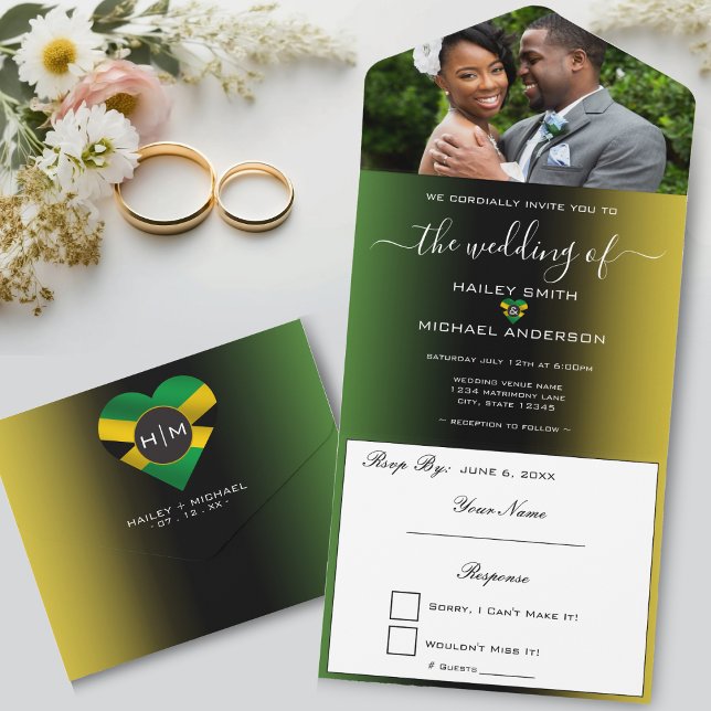Invitation Tout En Un Jamaïque Ombre Jamaïcain Drapeau Mariage de photos (Jamaica Ombre Jamaican Flag Heart Photo Wedding All In One Invitation)