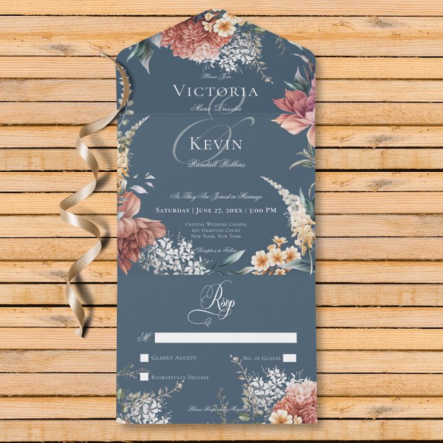 Invitation Tout En Un Jardin bleu romantique moderne Floral Pas de dîner (Modern Romantic Blue Garden Floral No Dinner All In One Invitation)