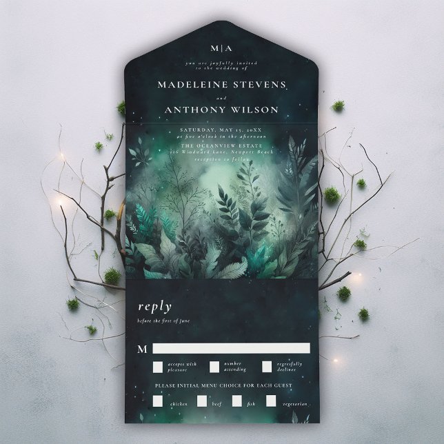 Invitation Tout En Un Jardin enchanté Emerald Fairytale Magique Mariage (enchanted garden magical fairytale fairy greenery all in one trifold wedding invitation modern class)