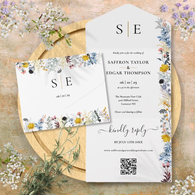 Invitation Tout En Un Jardin Floral QR Code Élégant Monogramme Mariage (Garden Floral QR Code Elegant Monogram Wedding All In One Invitation)