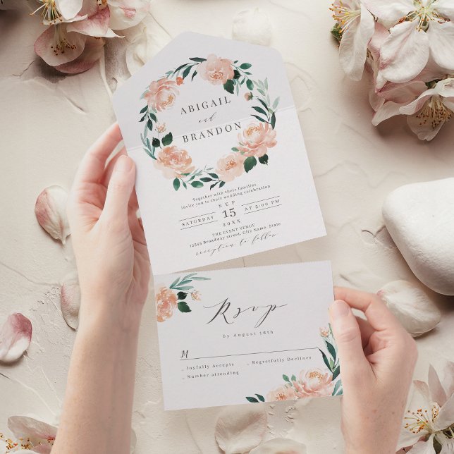 Invitation Tout En Un Jardin romantique pêche mariage de couronnes flora (Romantic garden peach floral wreath wedding all in all in one invitation)