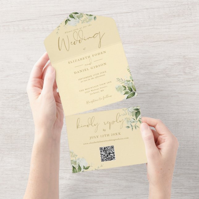 Invitation Tout En Un Jaune Bouton d'Or Monogramme Code QR Mariage (Déchirure)
