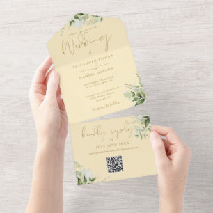 Invitation Tout En Un Jaune Bouton d'Or Monogramme Code QR Mariage
