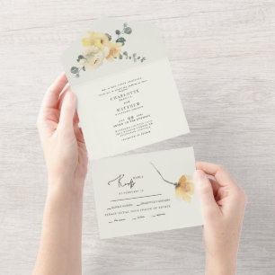 Invitation Tout En Un Jaune Crème Fleurie Mariage Parents de la Mariée