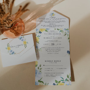 Invitation Tout En Un Jaune et marine été Floral   MARIAGE
