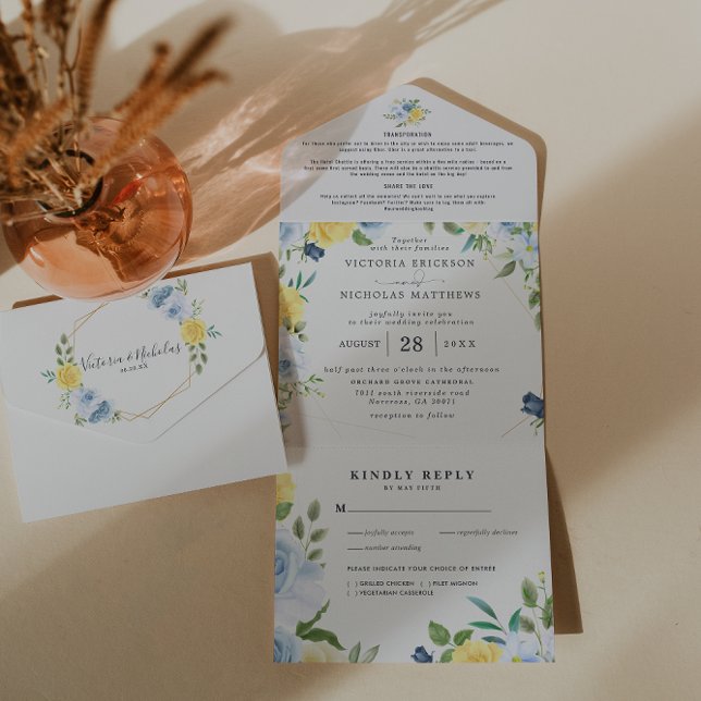 Invitation Tout En Un Jaune et marine été Floral | MARIAGE (Créateur téléchargé)
