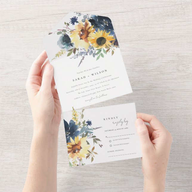 Invitation Tout En Un Jaune Mariage floral de la marine Sunflower (Déchirure)