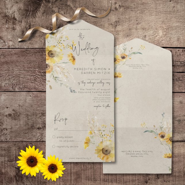 Invitation Tout En Un Jaune rustique et tournesol d'été Brown Pas de dîn (Rustic Yellow & Brown Summer Sunflower All In One Wedding Invitation without Dinner Options)
