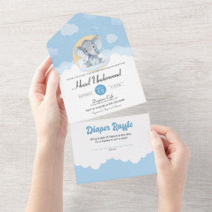 Invitation Tout En Un Joli Baby shower éléphant bleu petit cacahuète