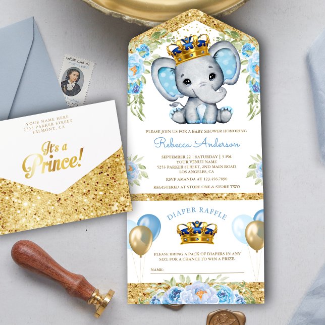 Invitation Tout En Un Joli bleu Floral Prince Elephant Baby shower (Créateur téléchargé)