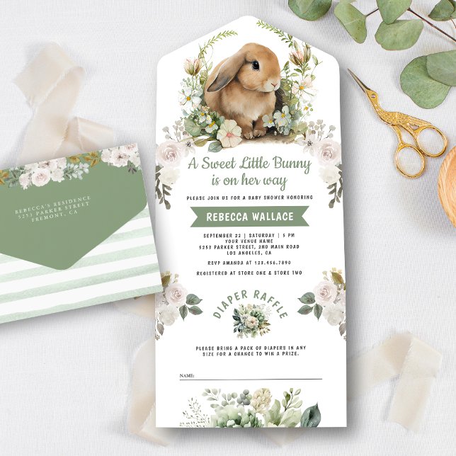 Invitation Tout En Un Joli Bunny Sage Vert Baby shower Floral (Créateur téléchargé)