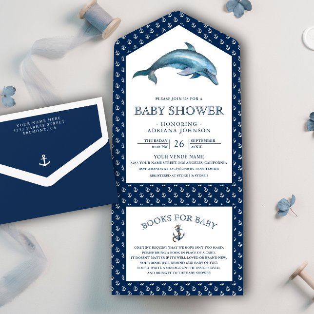 Invitation Tout En Un Joli dauphin Nautique Baby shower bleu marine (Créateur téléchargé)