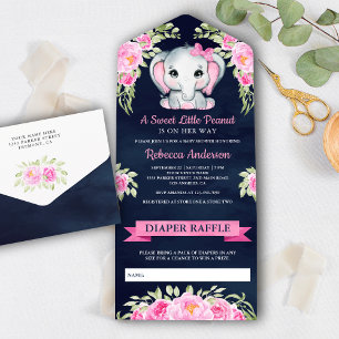 Invitation Tout En Un Joli éléphant floral à noeud rose Baby Shower mari